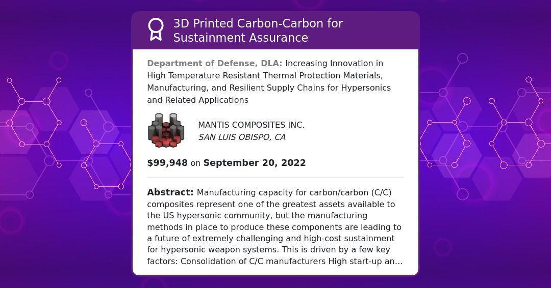 the302us's tweet photo. Department of Defense(DLA) awarded #MANTISCOMPOSITES $99,948 on Sep 2022 for 3D Printed Carbon-Carbon for Sustainment Assurance

#B2G #GovCon #GovernmentContracting #SmallBusiness #GovernmentContracts #Entrepreneur #Government #FederalContracting

https://t.co/jMepCEbvkP https://t.co/8xsLJFERMc