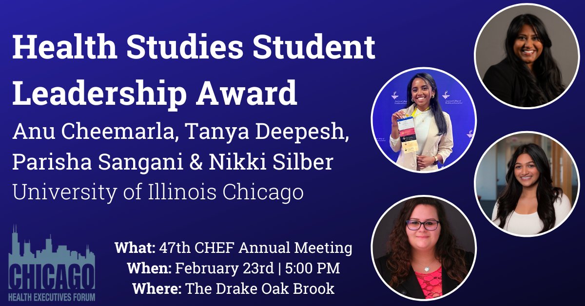 ChicagoACHE's tweet photo. Join us in congratulating the @uicpublichealth MHA CHEF Inaugural Student Committee for receiving the 2022 ACHE #Health Studies Student Leadership Award. Help them celebrate on February 23rd at the 47th CHEF Annual Meeting. Register today! #ChicagoACHE https://t.co/qvH7HUko47 https://t.co/xnRAOqwO0o