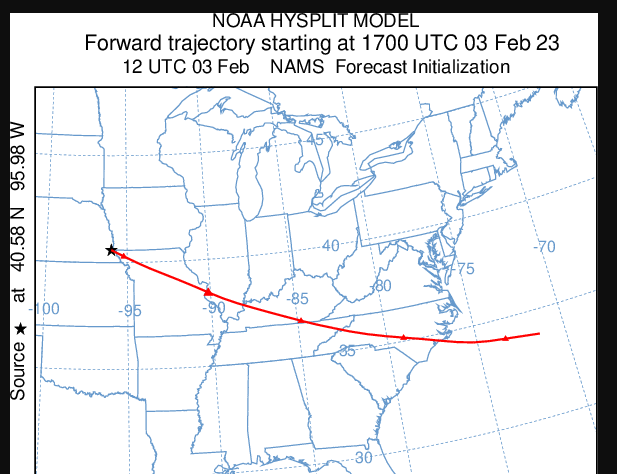 Lots of interest in suspected Chinese spy balloon. Recent sighting north of Kansas City. Forward trajectory based on atmospheric steering currents would bring it close to St. Louis tonight & into North Carolina Saturday. Follow Wash Post live updates here: bit.ly/3DF1yJl