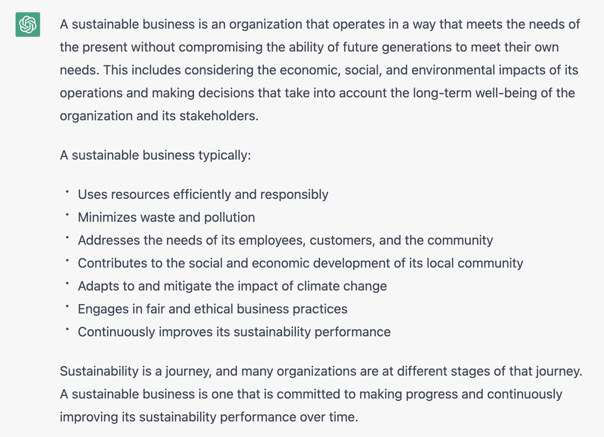 sumitarorain's tweet photo. What is a Sustainable Business?

I was watching #sharktankindia and there were questions on the sustainability of a business. I also checked what does #ChatGPT has to say about it.

(ChatGPT Vs Real World Sustainability Ep 2)
#Sustainability #business https://t.co/448gv1NC4X