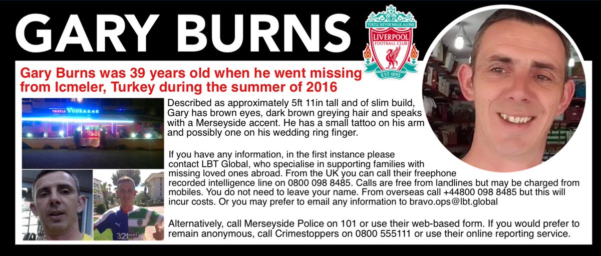 This  week’s  #SaturdayShare is  for  Gary  Burns  who  went  missing  during  the  summer  of  2016  from  #Icmeler in  Turkey  

facebook.com/garyburnsappea…

#FindGaryBurns #MissingPersonsSupport <a href="/terryb318/">terry burns</a>