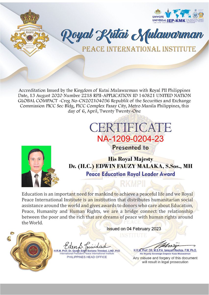 Congratulations on your achievements and participation so far and this is the Royal Institute of Kutai Mulawarman <a href="/LTenggarong/">MAHARAJA KUTAI MULAWARMAN</a>
which is officially registered in the Philippines <a href="/KutaiPeace/">Royal Kutai Mulawarman Peace Int'l Institute</a>