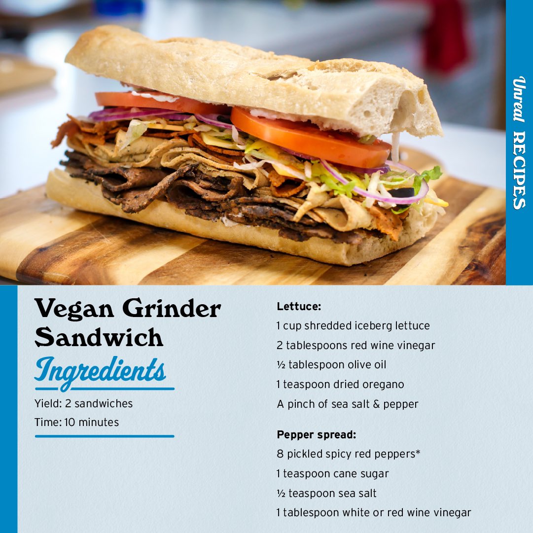 UnrealDeli's tweet photo. By now, we've all heard of the viral Grinder sandwich...but let's #MakeItUnreal!
Recipe inspo: @thebeet - https://t.co/R7gDKF3XEn
#UnrealDeli #Grinder #GrinderSandwich #VeganGrinder #VeganSandwich #PlantBasedSandwiches #PlanetBasedMeat #DeliMeat #TheGrinder https://t.co/ehpH4Hyafy