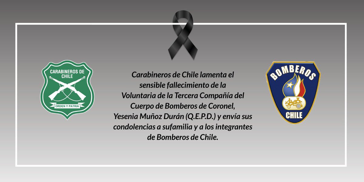 Carabdechile's tweet photo. Lamentamos el sensible fallecimiento de la Voluntaria de la Tercera Compañía de Bomberos de Coronel, Yessenia Muñoz Durán Q.E.P.D., quien perdió la vida en el combate de los incendios forestales en la comuna de Santa Juana. Nuestras condolencias a su familia y @BomberosdeChile. https://t.co/dhIrEijKxB