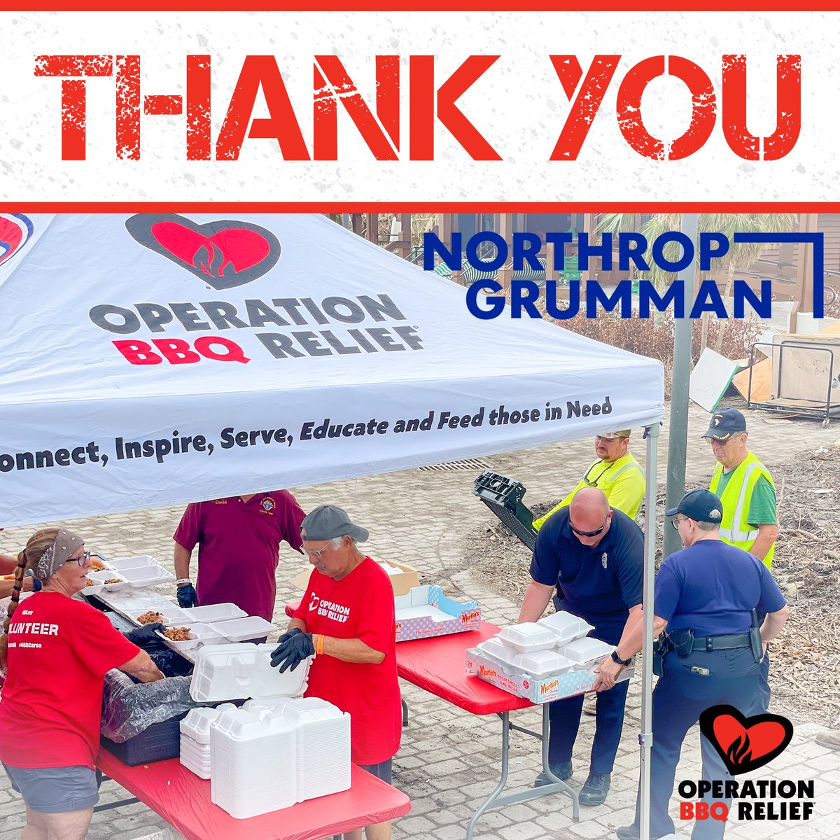 OpBBQRelief's tweet image. Operation BBQ Relief thanks @NorthropGrumman for the support to provide meals to communities impacted by Hurricane Ian.  Thank you Northrop Grumman for helping us share the one hot meal that matters!  

#bbq #disasterrelief #swflstrong