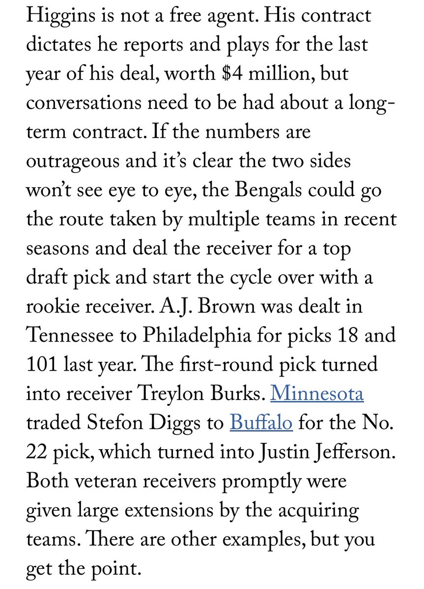 pauldehnerjr's tweet photo. Well, guess this needs to be posted for all to see since it was aggregated and egregiously misrepresented from my #Bengals offseason path series (https://t.co/dH6fhQhSxn).

Here’s the entire entry on Tee Higgins in the extension candidate section. 

Don’t believe the clickbait. https://t.co/cpKGhSI9fn