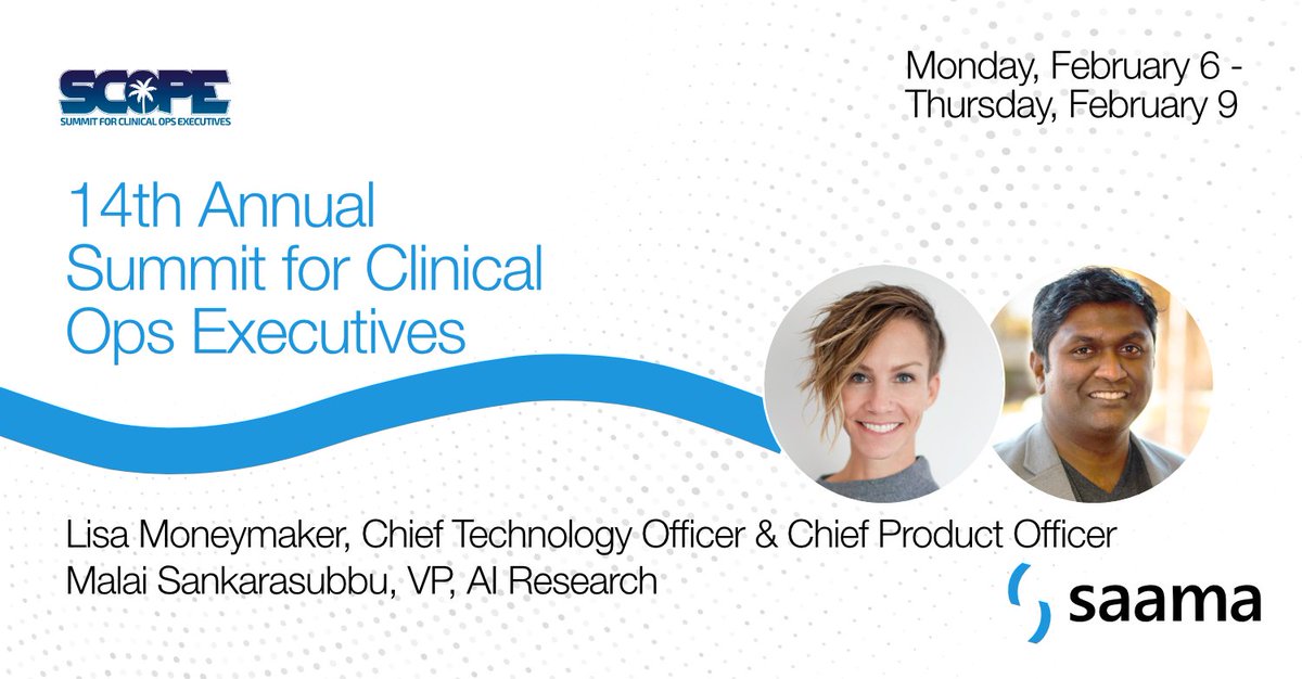 saamatechinc's tweet photo. We can’t wait to see you at #SCOPE2023 next week!
We’ll be talking about how we can accelerate your clinical trials intelligently — but of course, we’re also looking forward to hearing from you.
Please make sure to stop by Booth 901 & let’s connect!
#AI #ClinTech #LifeScience https://t.co/OfzfII3gHe