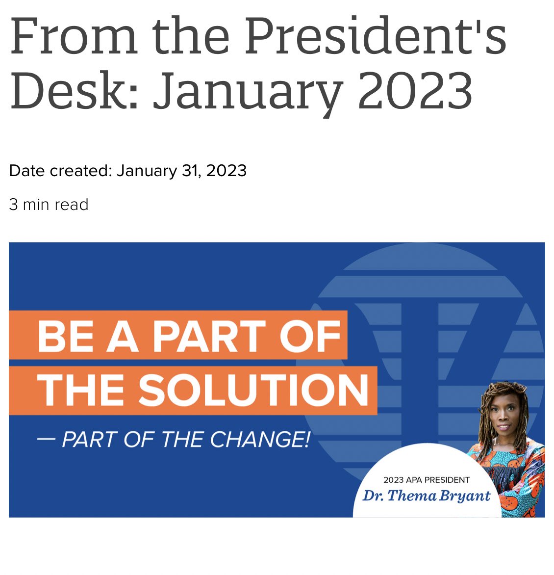 Updates From the <a href="/APA/">American Psychological Association</a> President's Desk: January 2023 apa.org/about/governan…
