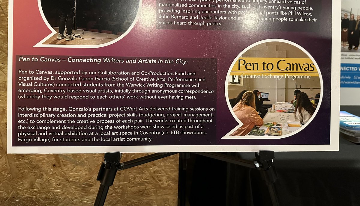 Here we are <a href="/FargoVillage/">FarGo Village</a> on a big display board ‘Pen to Canvas’ projects by <a href="/COVert_Arts/">COVert Arts</a> recognised at the Connecting place, culture, research and impact event <a href="/ahrcpress/">Arts and Humanities Research Council</a> <a href="/warwickengages/">Warwick Institute of Engagement</a> Well done to the team, supporters and importantly creative writers, poets &amp; visual artists