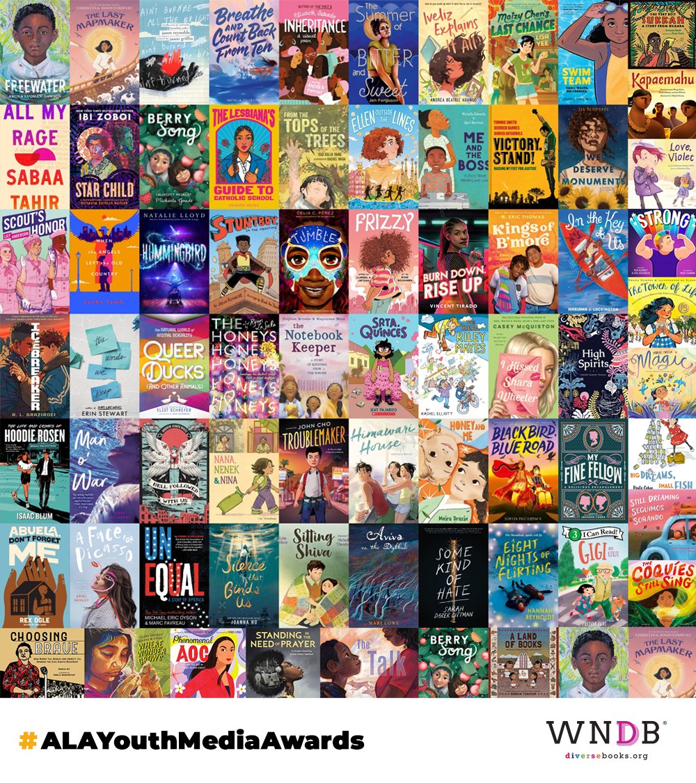 Congrats to the 2023 #ALAYMA winners & honorees! We love the diversity of this cohort, and we’re especially thrilled to celebrate Newbery Winner & WNDB mentee @AminaLuqman, who was mentored by @kappelt and whose book FREEWATER was edited by WNDB Internship Grantee @lxhightower ✨