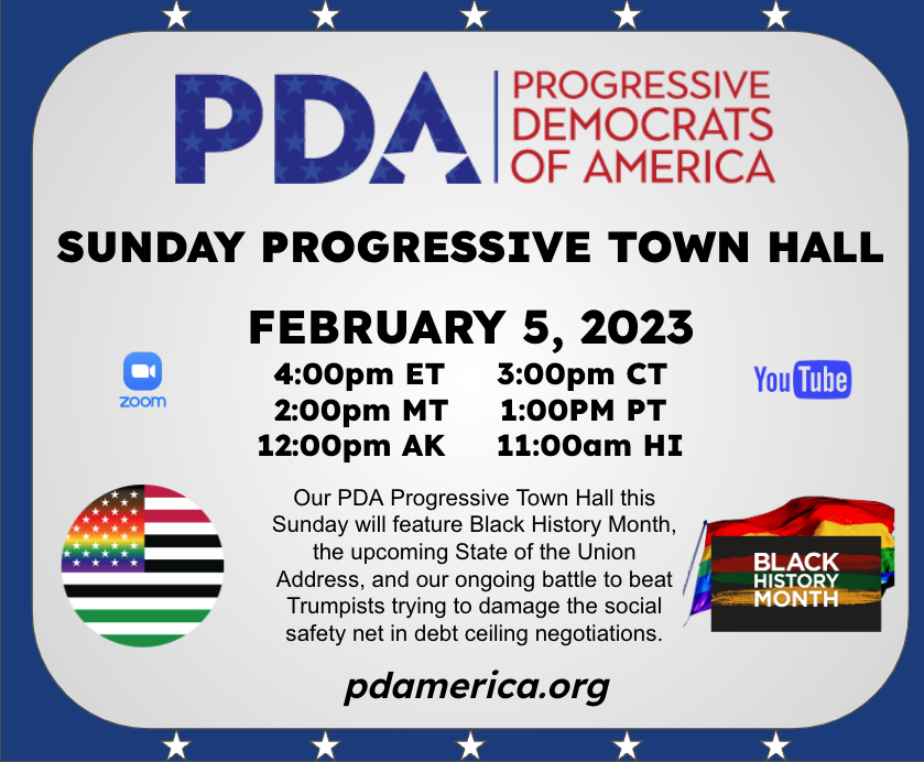 pdamerica's tweet image. Join our virtual town hall this Sunday, 4pm ET/1pm PT. You’ll leave energized and organized!

#progress #democracy #community

pdamerica.org/2023-02-05-pda…