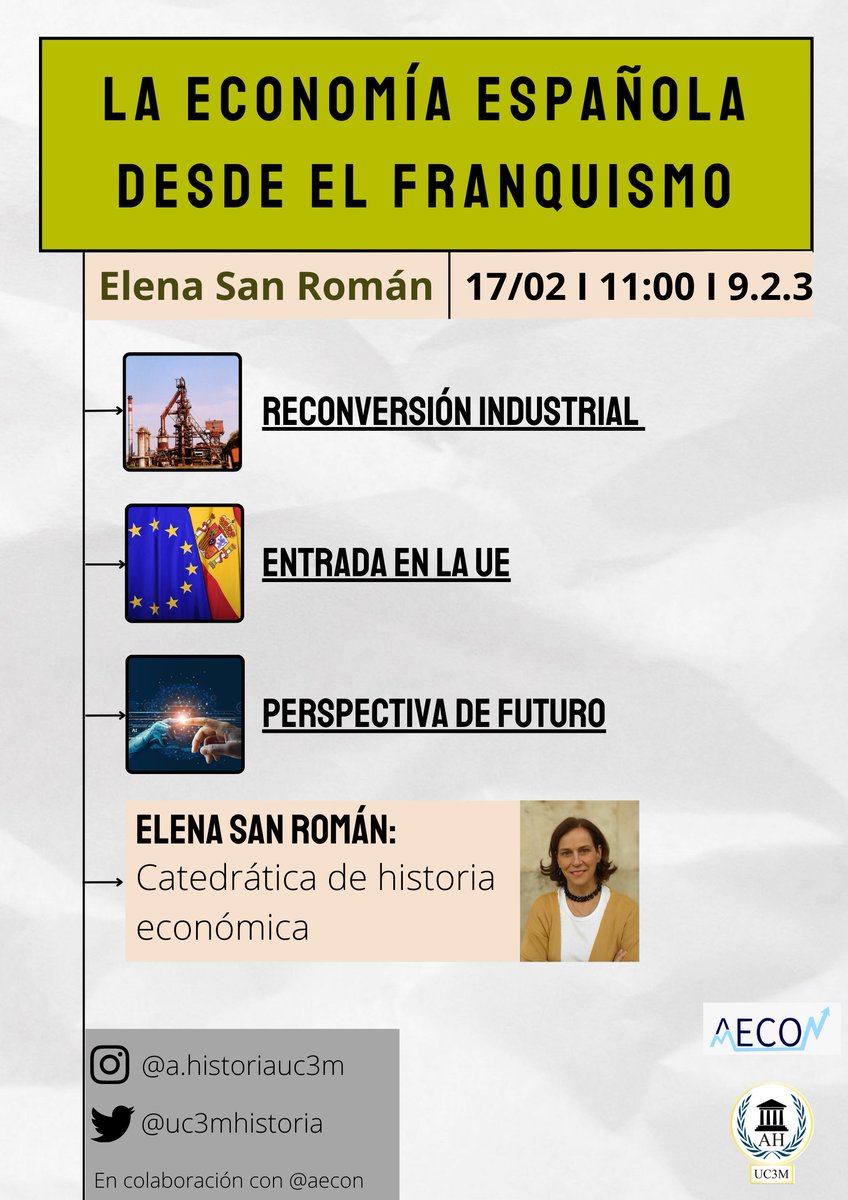 Tras el parón de enero, ¡vuelven las actividades de nuestra asociación! 🥳

Una cita destacada es la del 17/02, día que la catedrática Elena San Román nos dará una excelente charla sobre la economía española desde el franquismo hasta la actualidad

¡Os esperamos! ❤️