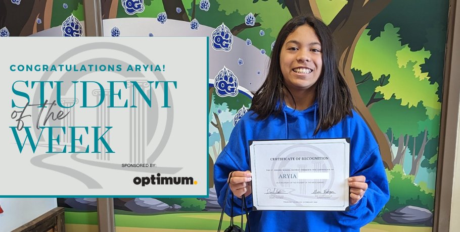StJosephSchools's tweet image. Congratulations to Aryia, a 5th grader at Oak Grove, for being chosen as the Student of the Week!  #WEareSJSD #makeadifference #SJSDSOTW

Special thanks to Optimum for sponsoring the program for the 2022-23 school year.