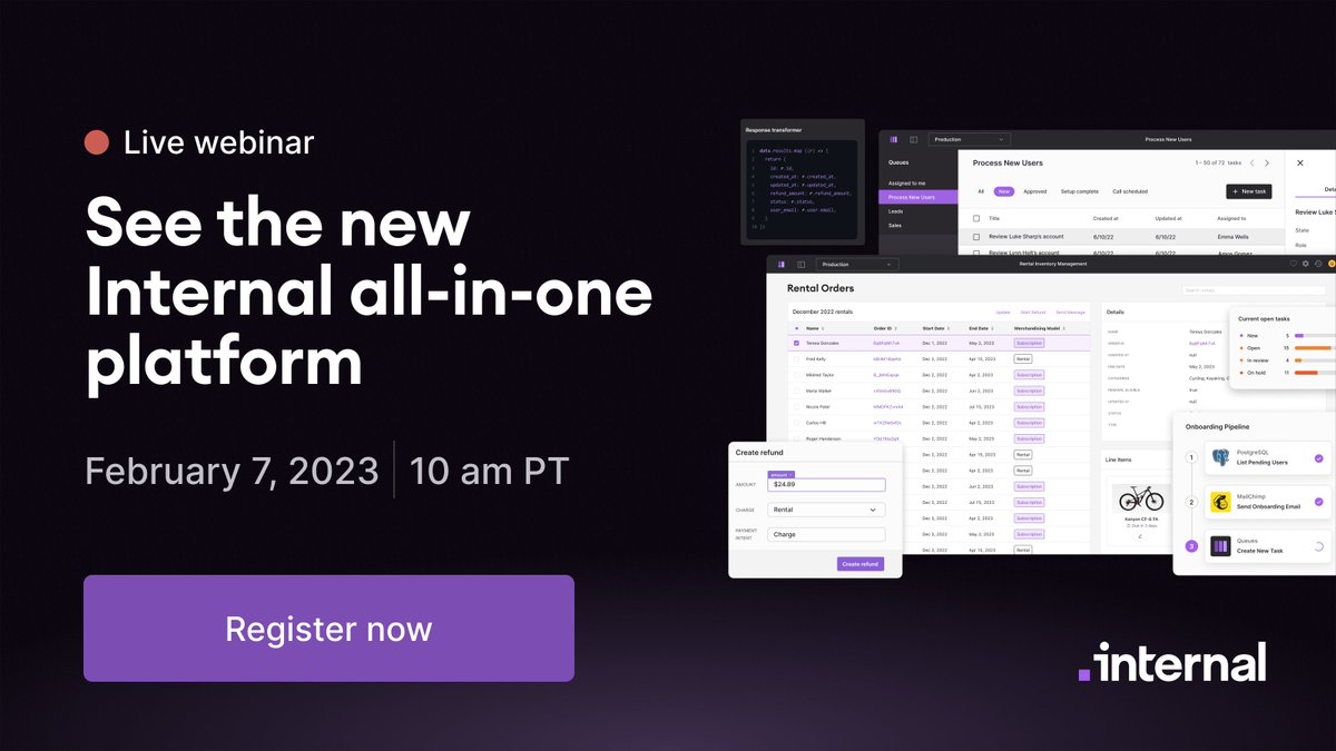 Join us on February 7th at 10am PT / 1pm ET to learn about what's in our latest launch and how you could use our all-in-one platform to build internals tools. Save your spot: internal.io/webinar