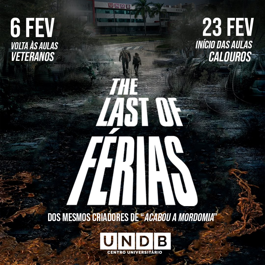 undboficial's tweet photo. THE LAST OF FÉRIAS
Calma, que não vai ter nenhum zumbi por fungo parasita, só muito estudo, foco, cases, papers e desafios!

- Volta às aulas para os veteranos: 06/02.
- Início das aulas para os calouros: 23/02.

#VoltaÀsAulas #retorno #faculdade #curso #UNDB https://t.co/R8PAjjGbIF