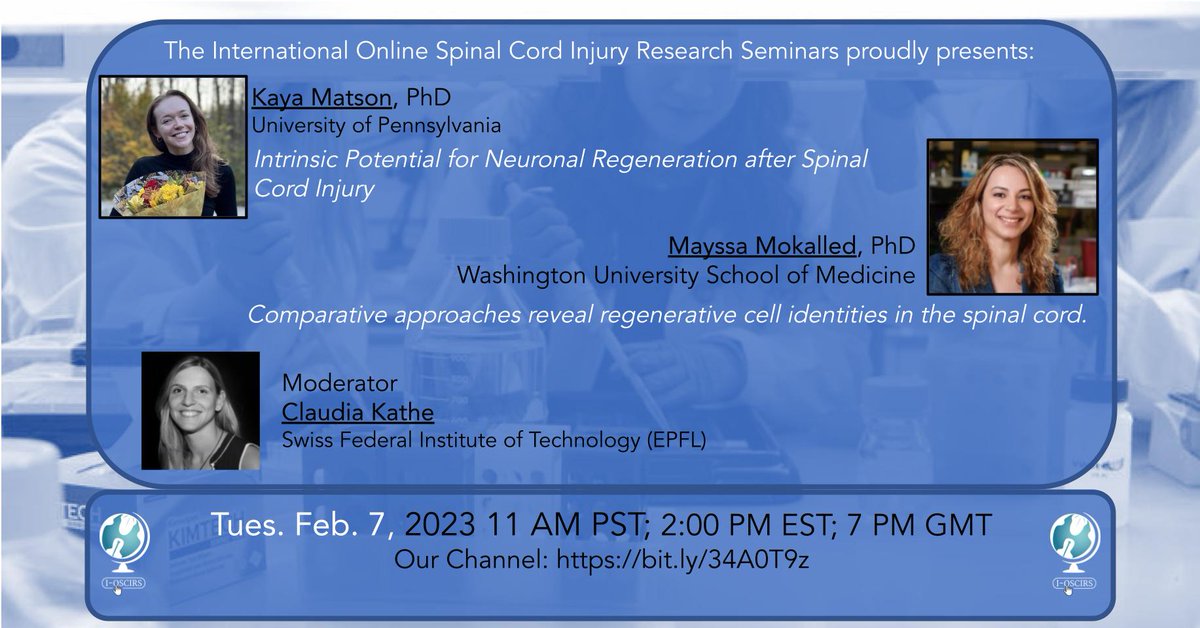 International Online SCI Research Seminars (@ioscirs) on Twitter photo Join us next week for our monthly IOSCIRs programming. 2/7 Tuesday @ 2PM EST
Featuring Dr. Kaya Matson (<a href="/kaya_jane/">Kaya Matson</a>) from the @ArielJLevine lab and Dr. Mayssa Mokalled @MokalledLab
Watch the seminar live on our YouTube channel (bit.ly/34A0T9z) Join us next week for our monthly IOSCIRs programming. 2/7 Tuesday @ 2PM EST
Featuring Dr. Kaya Matson (<a href="/kaya_jane/">Kaya Matson</a>) from the @ArielJLevine lab and Dr. Mayssa Mokalled @MokalledLab
Watch the seminar live on our YouTube channel (bit.ly/34A0T9z)