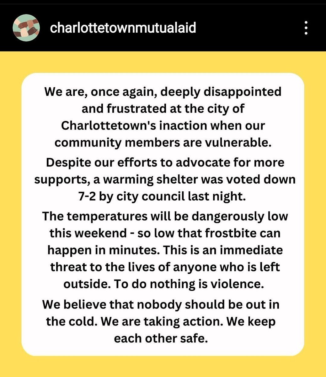 jbgreenan's tweet photo. I can’t say it any better than @ChtownMutualAid says it here.

Mayor @PhilipBrownPEI, city administration, &amp; the seven Councillors who voted against a municipally-run 24/7 warming centre this weekend ought to be ashamed. And they deserve our scorn.

#peipoli #peihousingcrisis https://t.co/vAsRDefIry