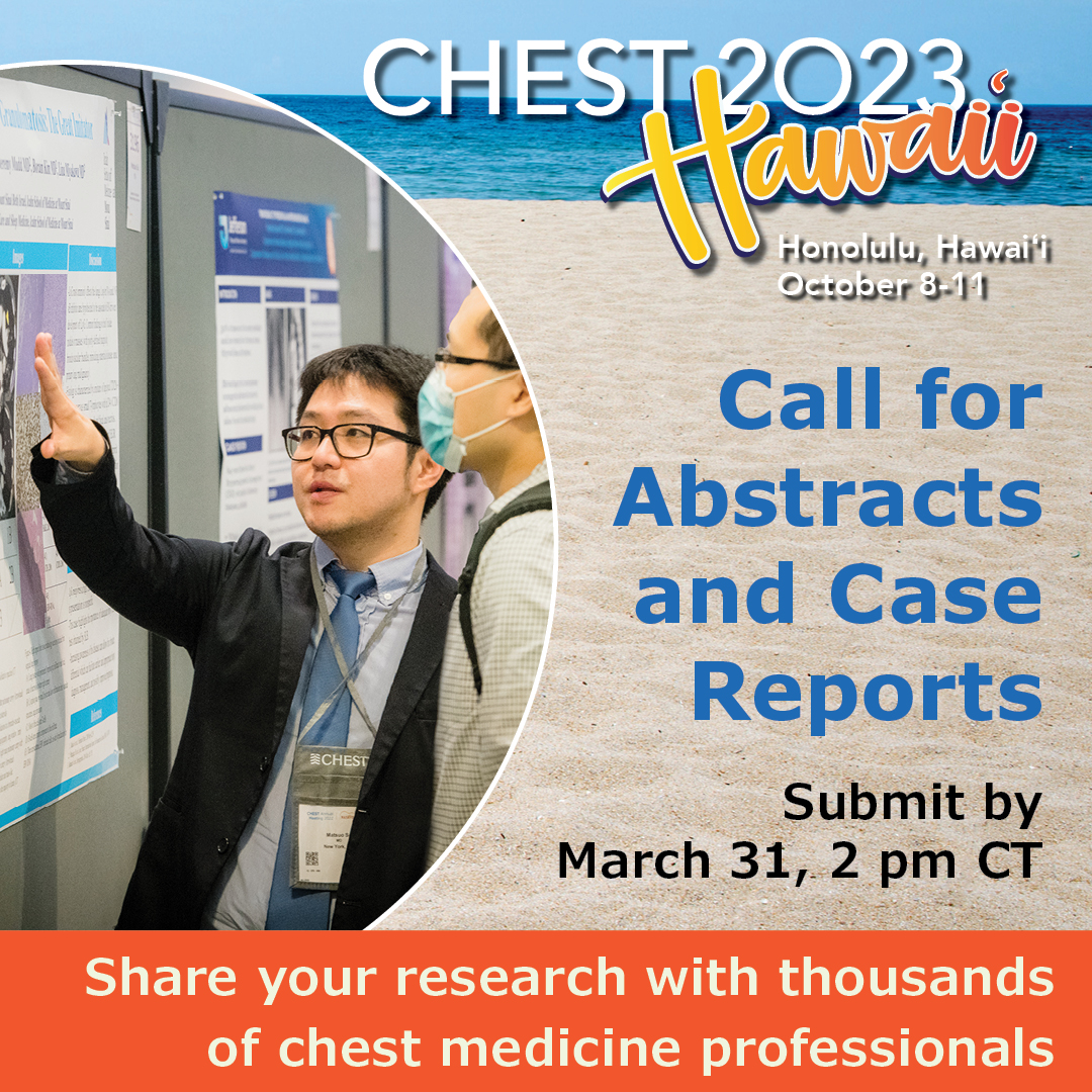 Share your research findings on a big scale at #CHEST2023. Submit your abstracts and case reports on emerging medicine and clinical advancements in critical care, pulmonary, and sleep medicine. Submissions are due Friday, March 31, at 2 pm CT. Learn more: hubs.la/Q01B3x0y0