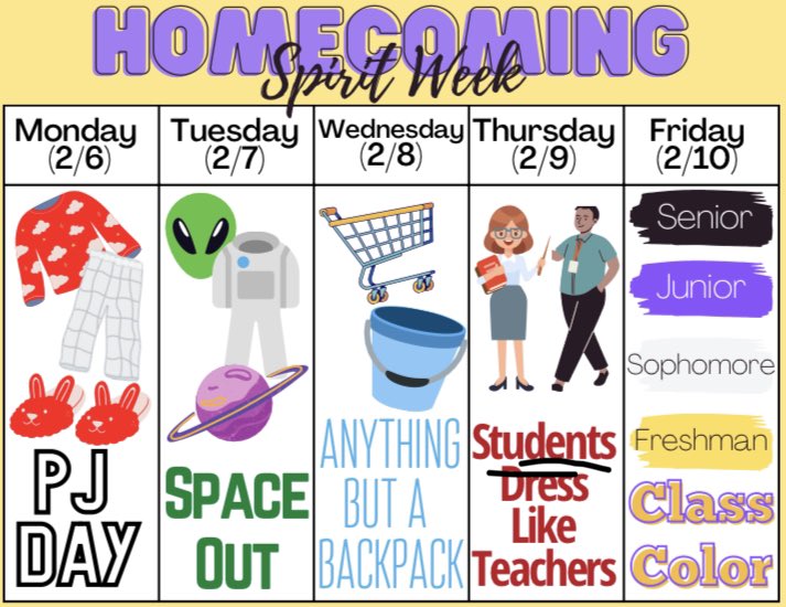 Spirit week is next week! See the flyer for additional details. 💜💛