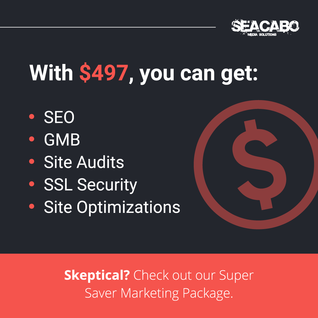seacabomedia's tweet photo. With $497, you can get: 

✅SEO
✅GMB
✅Site audits
✅SSL security 
✅Site optimizations 

Skeptical? Check out our Super Saver Marketing Package. 

👉 https://t.co/FzOEVFE49h
📱  727-513-9035 https://t.co/y0Z0zy5WDn