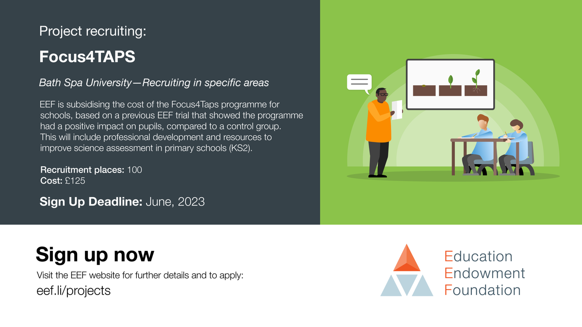 EducEndowFoundn's tweet photo. 🔔 Calling primary school leaders! 

Your setting can sign up to deliver Focus4Taps, a professional development programme for Key Stage 2 science subject leaders and teachers, at a subsidised rate. 

Find out more: https://t.co/WeJf2HaLki https://t.co/yS3goFsAIE