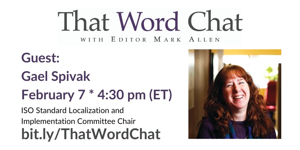 word_chat's tweet image. Writer, editor, and ISO committee chair Gael Spivak will join us next Tuesday on #ThatWordChat! Register below to get your link to the Feb. 7 show.

Sign up here: bit.ly/ThatWordChat

#ThatWordChat #AmEditing #WritingCommunity #WordNerds