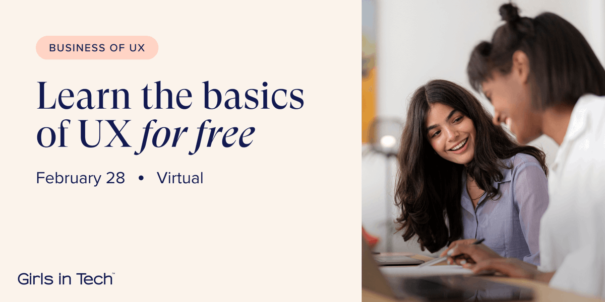 afgascoigne's tweet image. Registration is now open for @girlsintech&apos;s UX Lunch and Learn session, ‘The Business of UX’! Sign up to learn the basics of UX from top tech professionals, for free. hubs.li/Q01Bcmkz0 #girlsintech #learnux