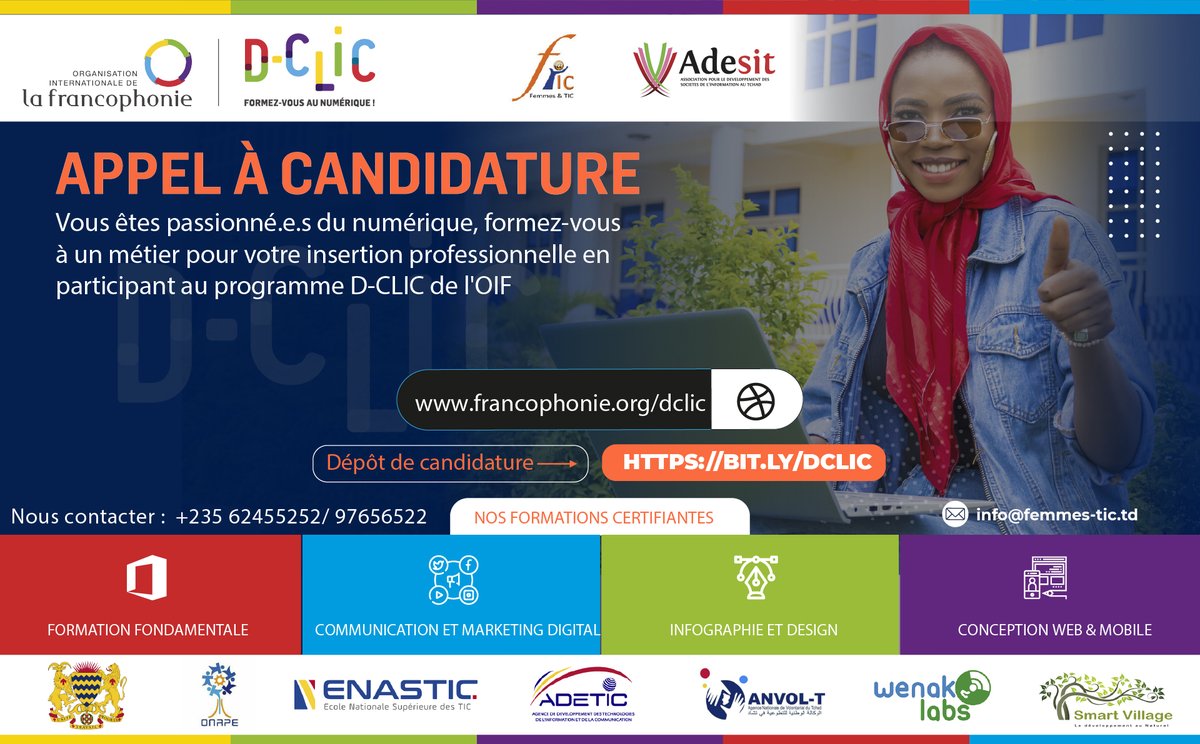 femme_et_tic_Td's tweet photo. [Appel à candidatures]
D-CLIC, formez-vous au numérique
Populations éloignées de l’emploi, etc.).
Postulez ici https://t.co/7RYFLyOVlT
Les candidatures féminines sont fortement encouragées ! #dclic #Tchad #Adjib https://t.co/fKivLCcjlB