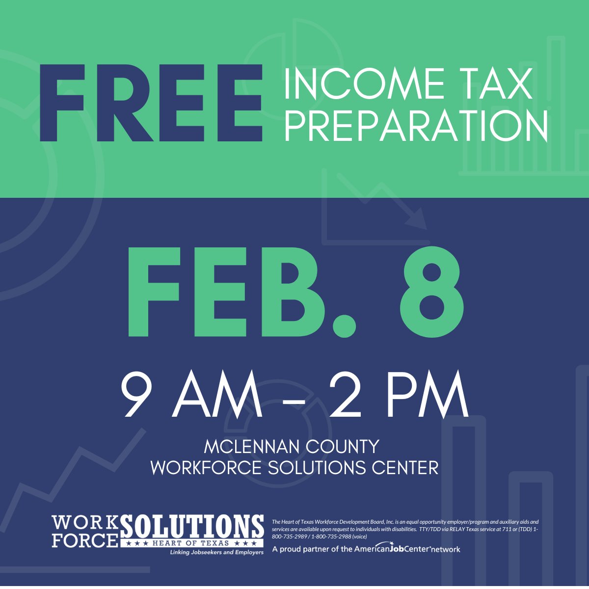 REMINDER: Our first FREE Income Tax Preparation session is next Wednesday, Feb. 8, from 9 AM - 2 PM at our McLennan County Workforce Solutions Center in Waco.  
Schedule your appointment today by calling 254-296-5260. Learn more at bit.ly/3Zt3LRr