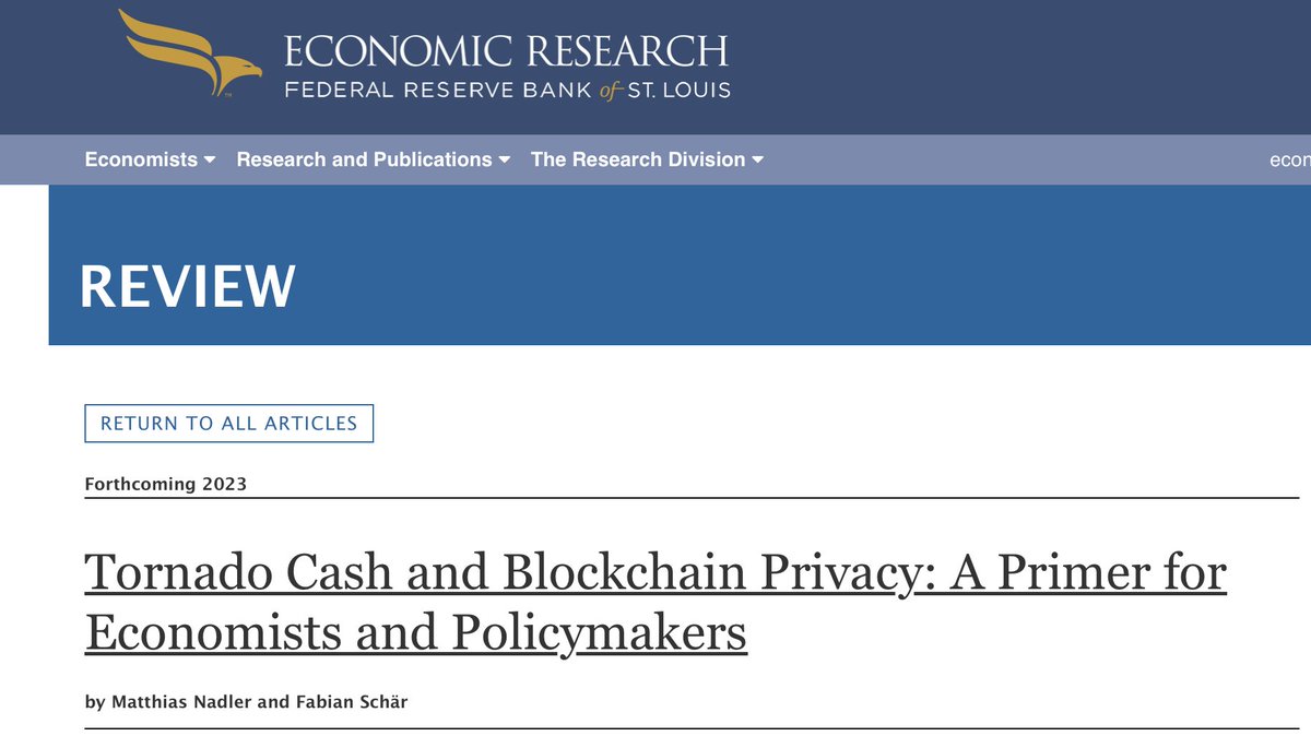 Excited to announce that our new paper on #tornadocash and #blockchain privacy, will be published by the @stlouisfed Review! This is joint-work with @mat_nadler. Pre-print online: research.stlouisfed.org/publications/r…