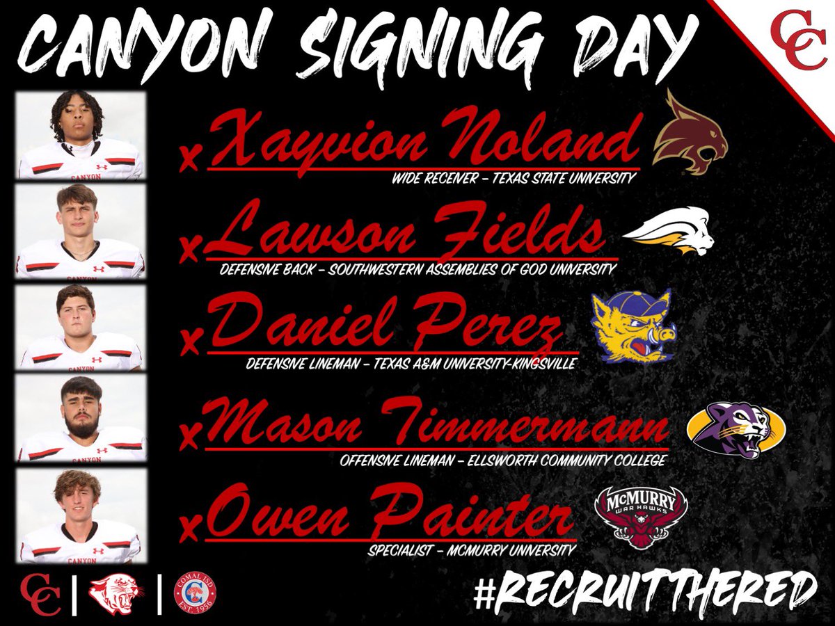 So proud of our <a href="/Canyon_Football/">Canyon Cougar Football</a> signees! These young men exemplify hard work and determination. Ultimately, they are tough, smart football players who love to compete. They are also outstanding people! GO BE GREAT‼️

#RecruitTheRed🔴
#NextLevelCoogs⬆️
#RedBurnsBrighter🔴🔥