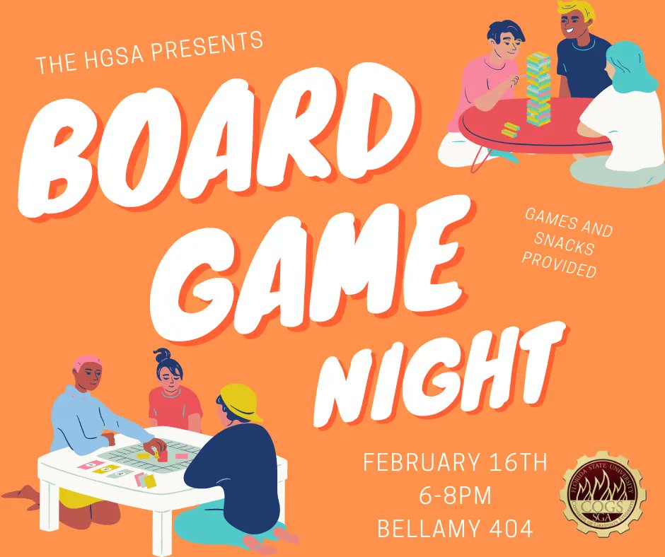 Please join us for a fun board game night on February 16th (Thursday) from 6-8pm in Bellamy 404. We will have some games, but feel free to bring one too! Snacks will be provided as well.