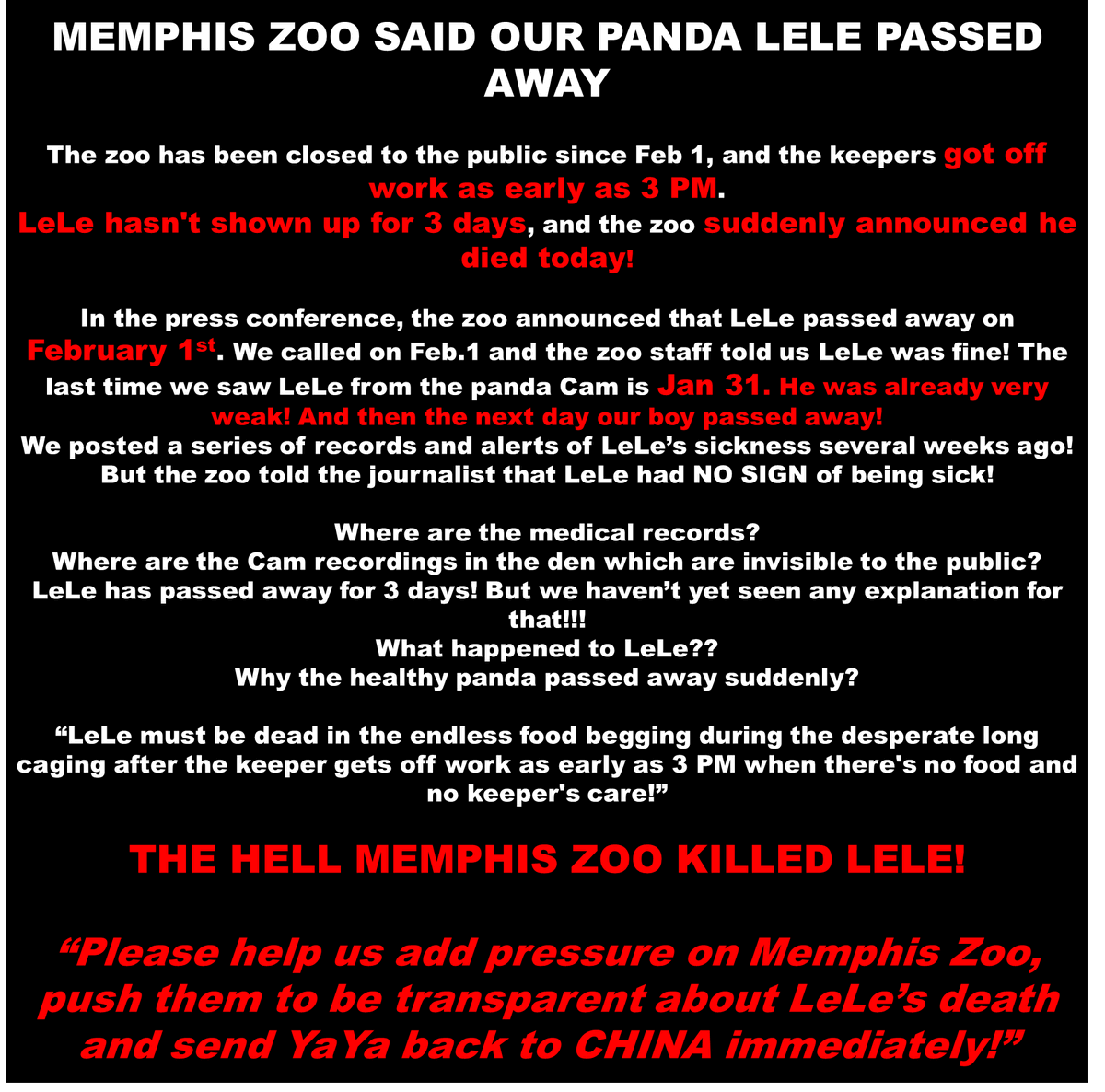 PandaVoicesOrg's tweet photo. PLEASE HELP US ADD PRESSURE ON @MemphisZoo, PUSH THEM TO BE TRANSPARENT ABOUT #LELE'S #DEATH, AND SEND #YAYA BACK TO CHINA IMMEDIATELY!!!
@IDAUSA @MemphisFlyer @3onyourside @ABC24Memphis @FOX13Memphis @WMCActionNews5
@AmbQinGang @SpoxCHNinUS @ChineseEmbinUS @MFA_China https://t.co/8pYQcIecCp