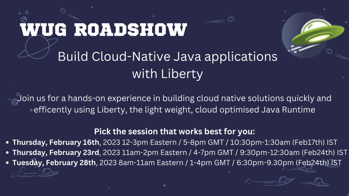 WASdevnet (@wasdevnet) on Twitter photo It's back! The #WebSphere User Group (WUG) kicks off in February with our virtual Q1 Roadshow!
You're invited to join us and get hands-on experience with #CloudNative Java application development using <a href="/OpenLibertyIO/">openlibertyio</a>
Register today: ibm.biz/1Q2023-WUGRoad… It's back! The #WebSphere User Group (WUG) kicks off in February with our virtual Q1 Roadshow!
You're invited to join us and get hands-on experience with #CloudNative Java application development using <a href="/OpenLibertyIO/">openlibertyio</a>
Register today: ibm.biz/1Q2023-WUGRoad…