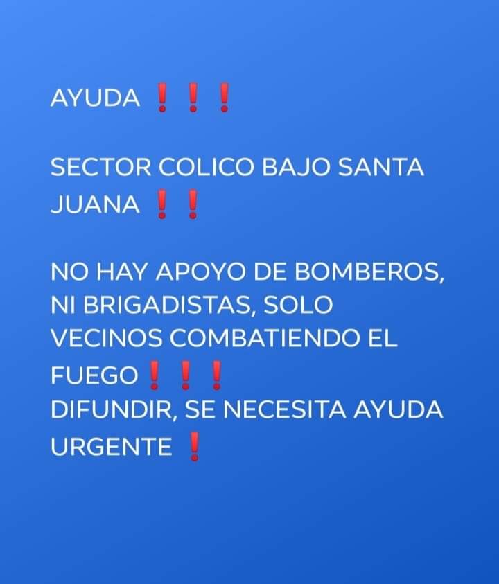 Ayuda urgente por favor!!!
Sector Colico Bajo Santa Juana!!

#SantaJuana
#IncendioForestal #IncendiosForestales
#Concepcion