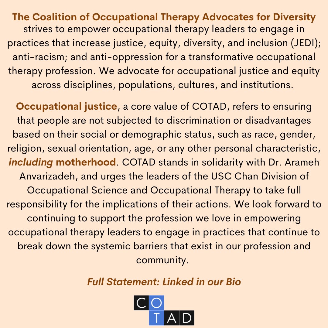 The Coalition of Occupational Therapy Advocates for Diversity stands in solidarity with our beloved Co-Founder and Chair, Dr. Arameh Anvarizadeh. 

Our full statement on this matter can be found linked in our bio. #JusticeForArameh