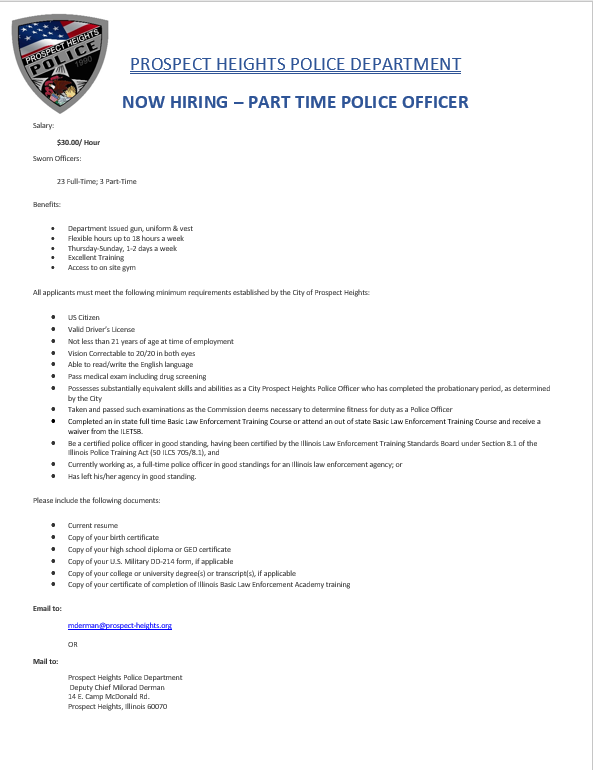 Prospecthtspd's tweet photo. Prospect Heights Police Department is hiring part time police officers. For more information:

https://t.co/afCRaDL0Sn https://t.co/zvuII0VfFL