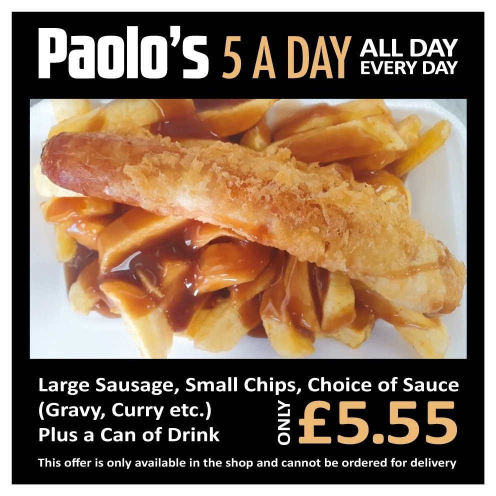 We keep putting this out there, because it's such a great deal! #5aday #offer #bargain #sausageandchips #fishandchips #paolos #carlisle #cumbria