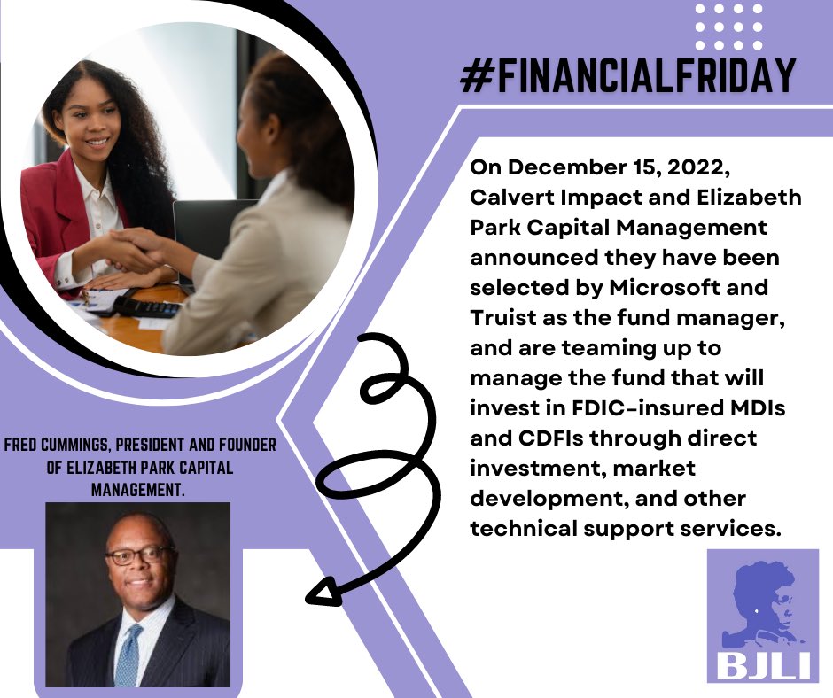 iamBJLI's tweet photo. #FinancialFriday is back for 2023 and we have Fred Cummings, the President and Founder of Elizabeth Parks Capital Management. His company is the leading fund manager for Microsoft and Truist investment into FDIC-insured MDIs . Read more @ https://t.co/Wna3E1pjOB https://t.co/G5YTWdeuwG