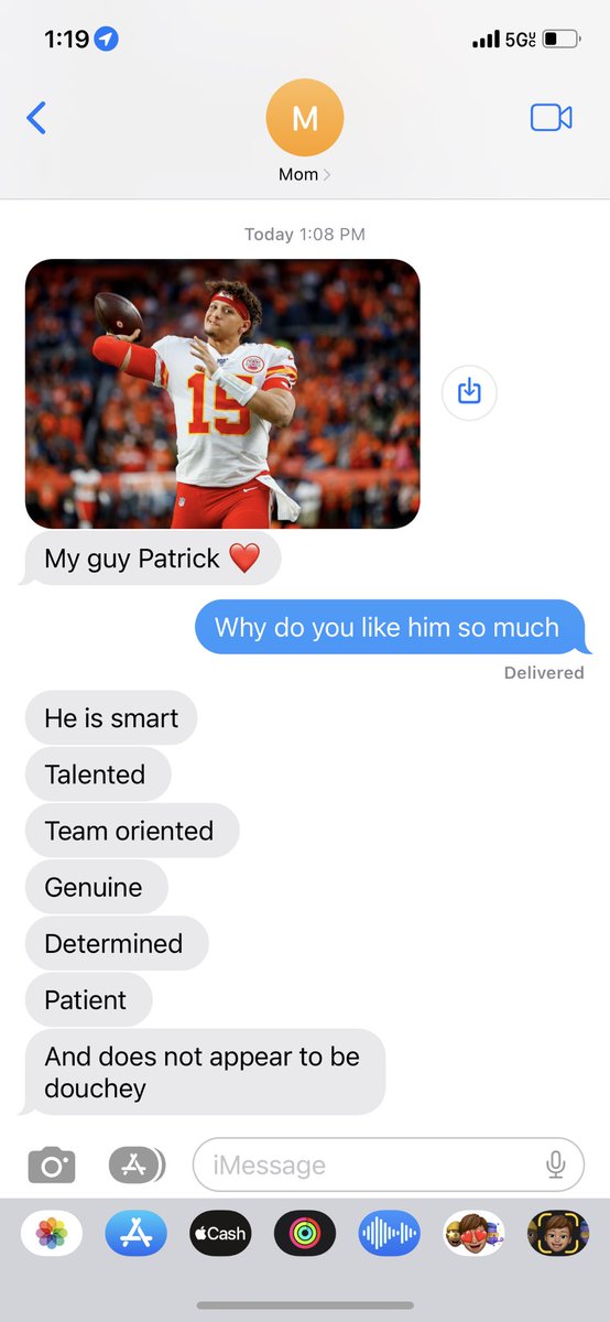 My mom is not a football fan but she sure is a <a href="/PatrickMahomes/">Patrick Mahomes II</a> fan <a href="/Chiefs/">Kansas City Chiefs</a>