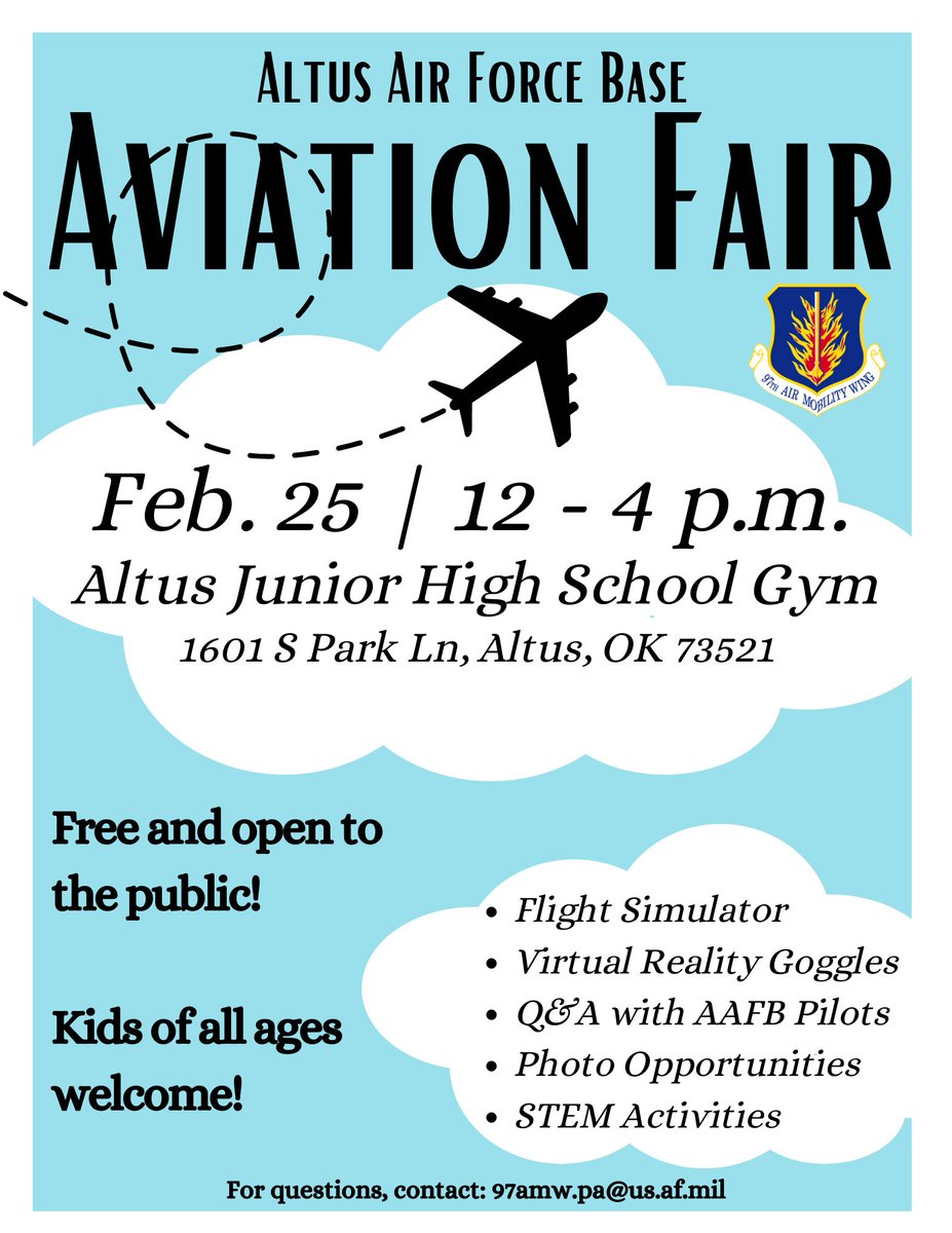 The 97th Air Mobility Wing is hosting an aviation fair on Feb. 25. The event is free and open to the public, and kids of all ages are welcome. This is the inaugural event for the AAFB Aim Wing program. (U.S. Air Force graphic by Senior Airman Kayla Christenson)