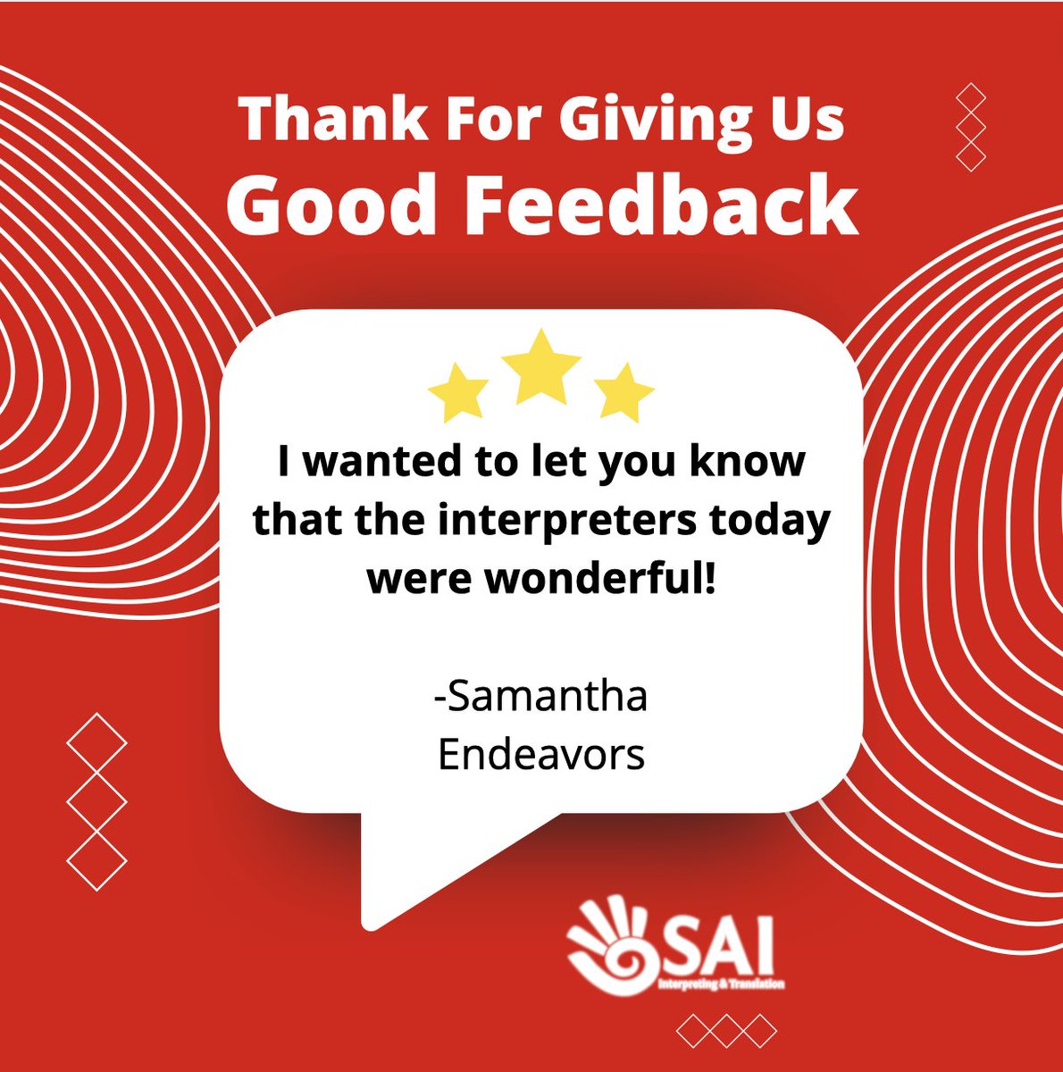 #SAIExperience
What a great way to end the week! We love hearing feedback from our #happy customers!
Shout out to our #awesome interpreters! Way to go Jeremy and Brittney!  

#ASL #Interpreters #customerservice #conferenceinterpreters #remote #onsite #languageacess