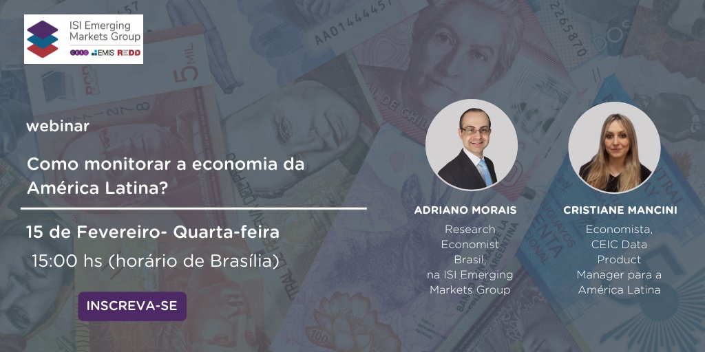 EMISBrasil's tweet photo. Inscreva-se para o próximo webinar: Como monitorar a economia da América Latina?  https://t.co/cMm2dhNHol

Os economistas Adriano Giacomini Morais e Cristiane Mancini, vão elaborar análises comparativas dos principais indicadores econômicos e perspectivas para a região. https://t.co/VIK88zIqU4