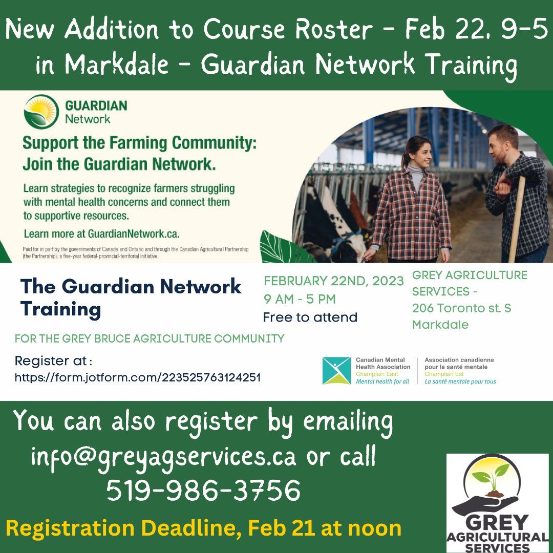 #GreyAg is pleased to host Guardian Network Training on Feb 22, 9-5 in Markdale. Free. Includes lunch. Support your farming community. Learn strategies to recognize farmers struggling with #mentalhealth concerns &amp; connect them with resources. <a href="/cmhagb/">CMHA Grey Bruce Mental Health & Addiction Services</a> 
#OntAg #endthestigma