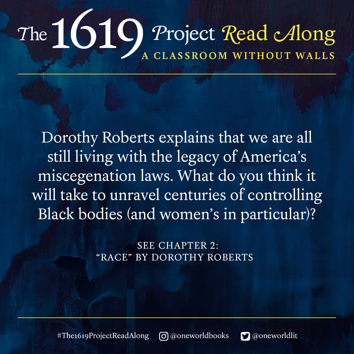 OneWorldLit's tweet photo. Here is our third and final discussion question for @DorothyERoberts's "Race" chapter of THE 1619 PROJECT.
Dorothy E. Roberts will be featured in an NPR interview with the authors of the next chapter of #The1619ProjectReadAlong, "Fear." More details to come! https://t.co/cMUcFT76bH