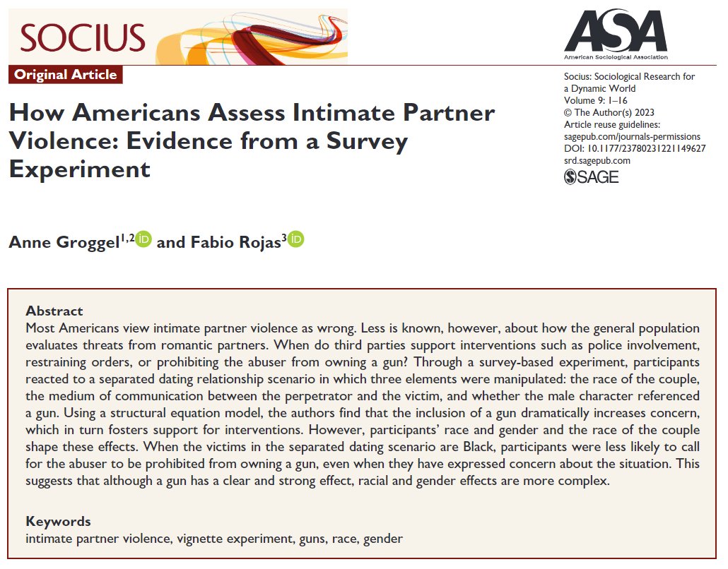 Socius: Sociological Research for a Dynamic World (@sociusjournal) on Twitter photo NEW #OA article out now! - "How Americans Assess Intimate Partner Violence: Evidence from a Survey Experiment" by <a href="/A_grogg/">Anne Groggel</a> and <a href="/fabiorojas/">Fabio Rojas</a>
journals.sagepub.com/doi/full/10.11…
#opensociology #soctwitter NEW #OA article out now! - "How Americans Assess Intimate Partner Violence: Evidence from a Survey Experiment" by <a href="/A_grogg/">Anne Groggel</a> and <a href="/fabiorojas/">Fabio Rojas</a>
journals.sagepub.com/doi/full/10.11…
#opensociology #soctwitter