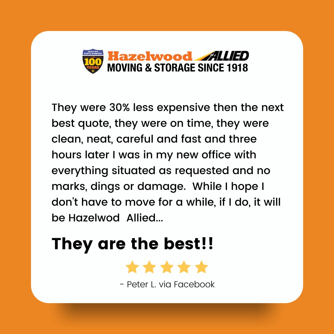 HazelwoodAllied's tweet photo. “They were 30% less expensive then the next best quote, they were on time, they were clean, neat, careful and fast.”- Peter L. 
#HazelwoodAllied #MovingCompany #Storage #Movers #MovingDays #MoveEasy #SantaBarbara #Montecito #HopeRanch #Carpinteria #Goleta #SantaYnez #Solvang https://t.co/HjgsmiQAiZ