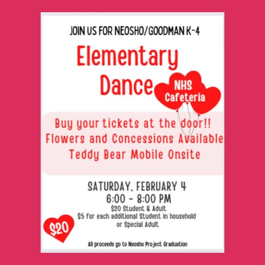 Grab your dancing shoes, the Elementary Dance is still on!

Details:
📆 Saturday, February 4, 2023
⏰6:00 p.m.-8:00 p.m. 
📍 Neosho High School cafeteria
🎟Tickets can be purchased at the door, if not purchased in advance