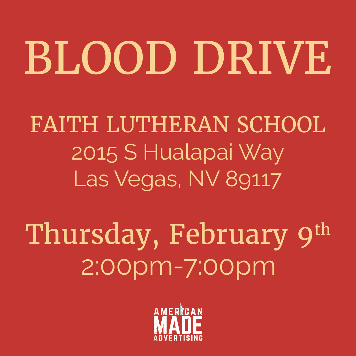 WeAreUSAMade's tweet photo. .@faithlutheranlv is hosting a blood drive on Thursday, February 9th. If you’re able, please sign up to come out and join!

To sign up, click the link below ⬇️

https://t.co/QmyyZX2p8x https://t.co/9YyIP4jn8L