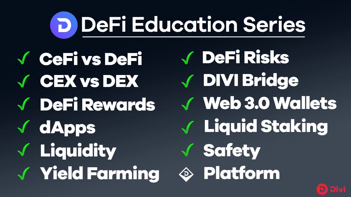 DiviProject's tweet photo. Before you dive into #DiviDeFi, we recommend reading up on it.

We've covered a bunch in our $DIVI #DeFi Education series, and they are typically short reads. Get started here: https://t.co/35Pb6VqUU3 https://t.co/GCbrqJUTj6